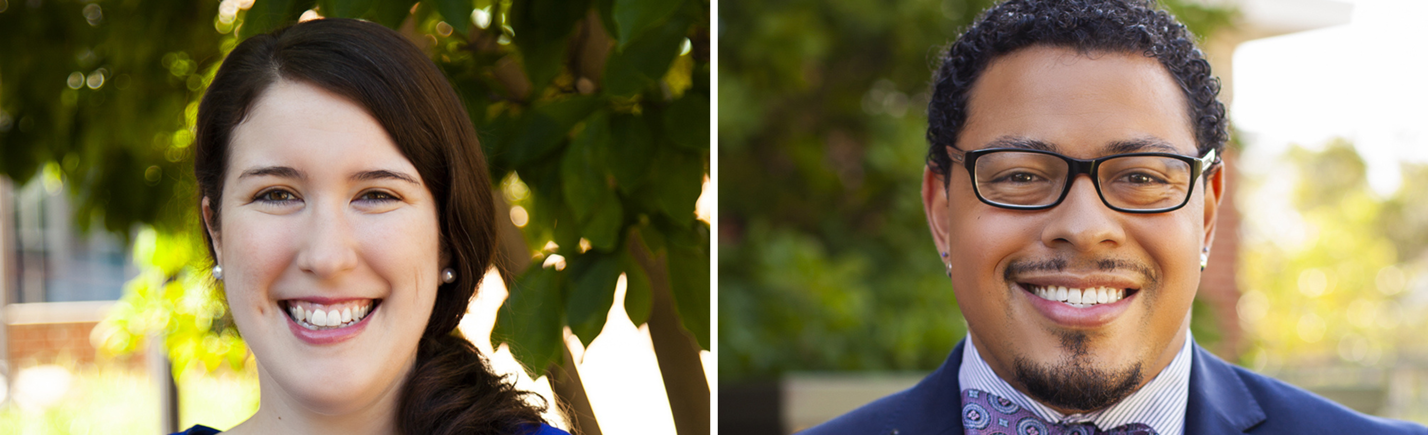 Two separate photos of a man and women smiling in front of trees.
